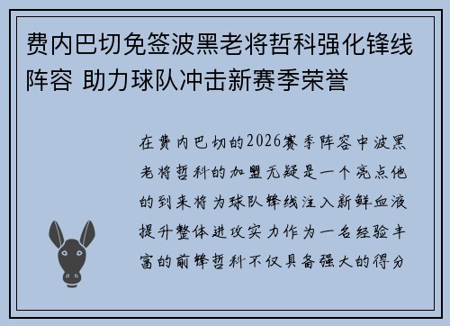 费内巴切免签波黑老将哲科强化锋线阵容 助力球队冲击新赛季荣誉 费内巴切免签波黑老将哲科强化锋线阵容 助力球队冲击新赛季荣誉