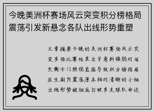 今晚美洲杯赛场风云突变积分榜格局震荡引发新悬念各队出线形势重塑