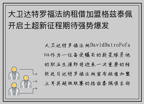 大卫达特罗福法纳租借加盟格兹泰佩开启土超新征程期待强势爆发 大卫达特罗福法纳租借加盟格兹泰佩开启土超新征程期待强势爆发